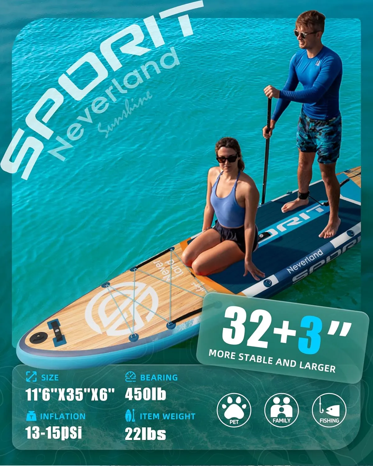 11'635" Super Wide Inflatable Stand Up Paddle Board, Ultra Stable SUP Board for Adults, 450lb Capacity with Shoulder Strap, 100L Backpack, Removable US Fin, Floating Paddle, Safety Leash