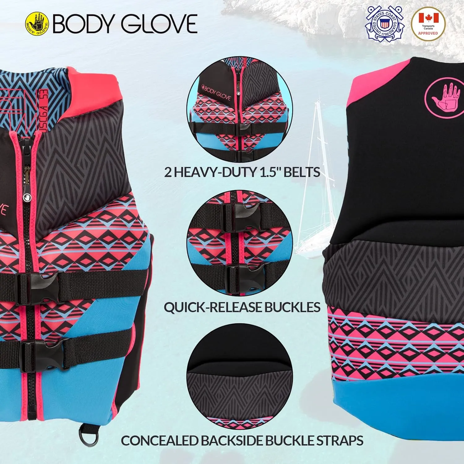 Body Glove Phantom Women's Neoprene Life Jacket, USCG and Transport Canada Approved PFD, Lightweight Life Vest, Great for Boating, Fishing, Kayaking, Rafting, Paddling