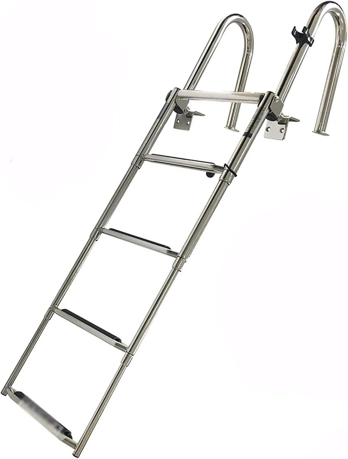 Dock Boat Ladders 4 Step Folding Pontoon Boat Ladder with Retaining Strap, Heavy-Duty Polished Deck Ladder with Pedal Hand Railing Ladder,for Marine Yacht/Swimming Pool
