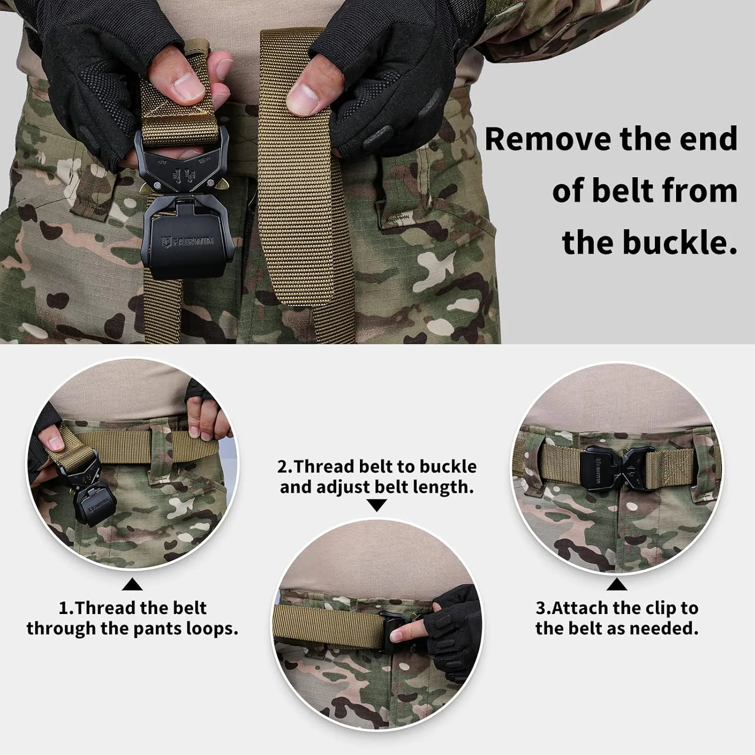 FAIRWIN Tactical Belt, Military Style Webbing Riggers Web Gun Belt with Heavy-Duty Quick-Release Metal Buckle