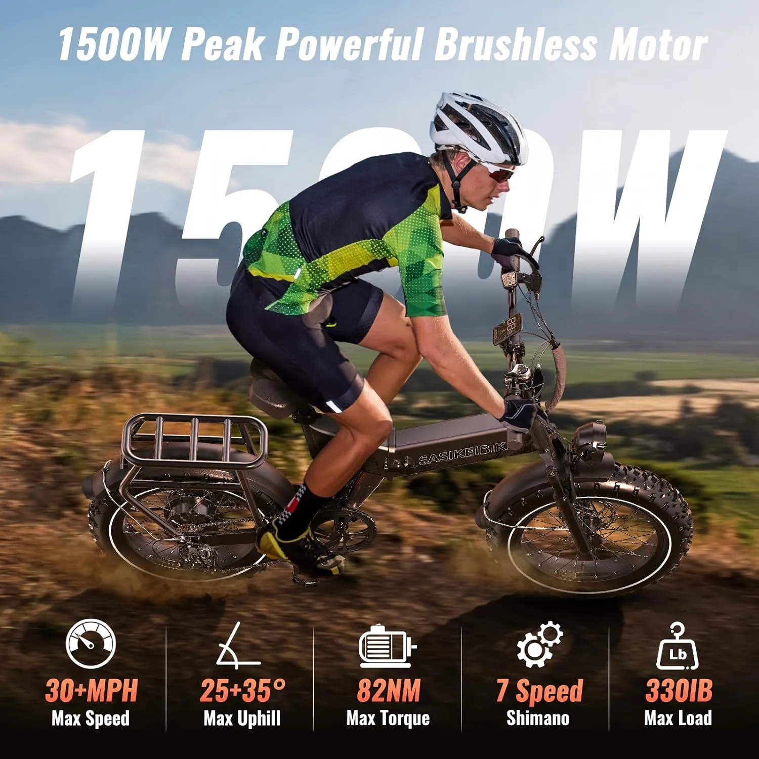 Folding 52V 20Ah Removabke Battery Electric Bike 1500W Peak Motor 20'' Fat Tire Mountain Commuter 30MPH Ebike Motorcycle Range 70 Miles UL Certified Adult Electric Dirt Bike with 7-Speed