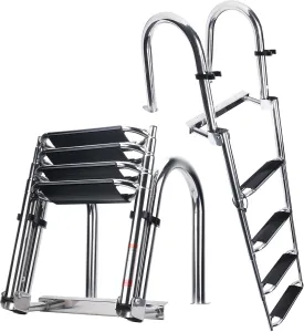 Heavy Duty Pontoon Boat Ladder, 316 Stainless Steel 4 Step Telescoping Folding Ladder Rear Entry Inboard Ladder All Welded Reinforce Dock Ladder Swim Deck Ladder Wide Steps Strong Handrails