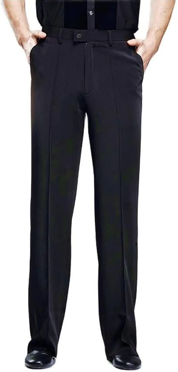 Men Professional Black Straight with Pocket Belt Wide Latin Modern Square Practice Dance Pants