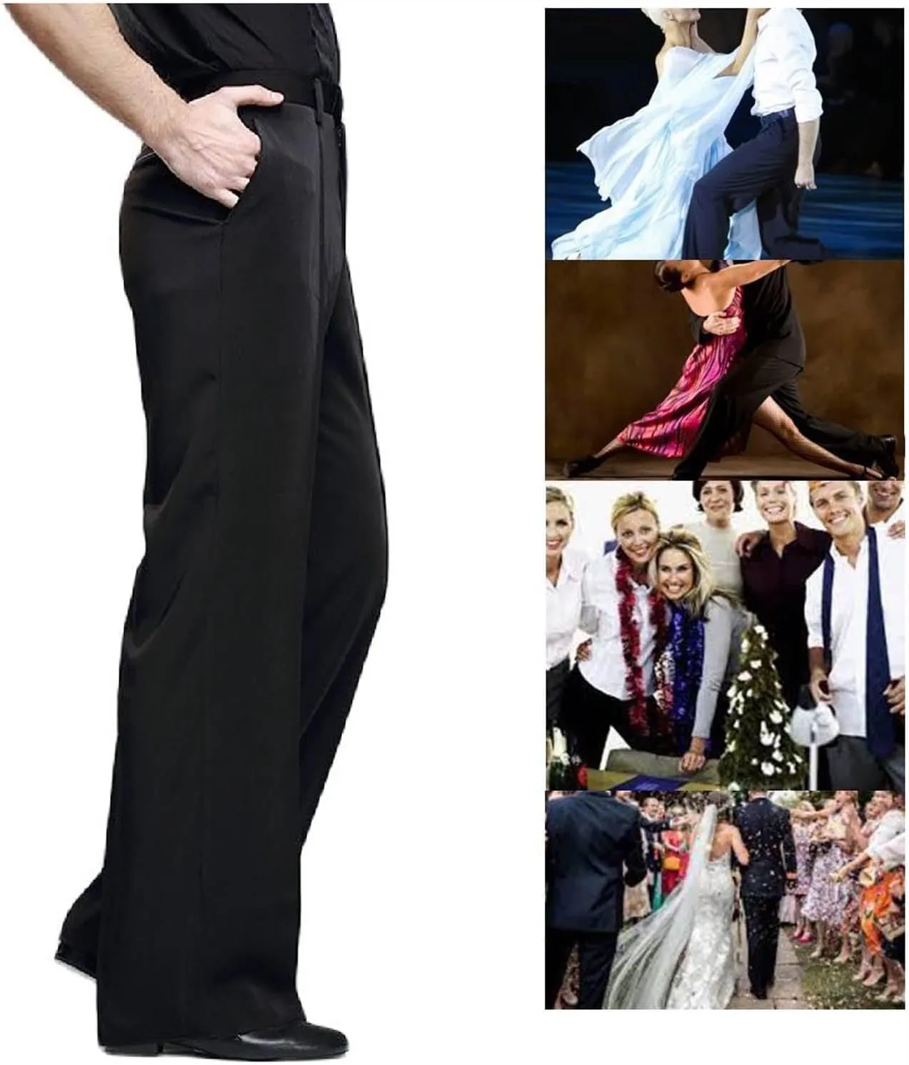 Men Professional Black Straight with Pocket Belt Wide Latin Modern Square Practice Dance Pants