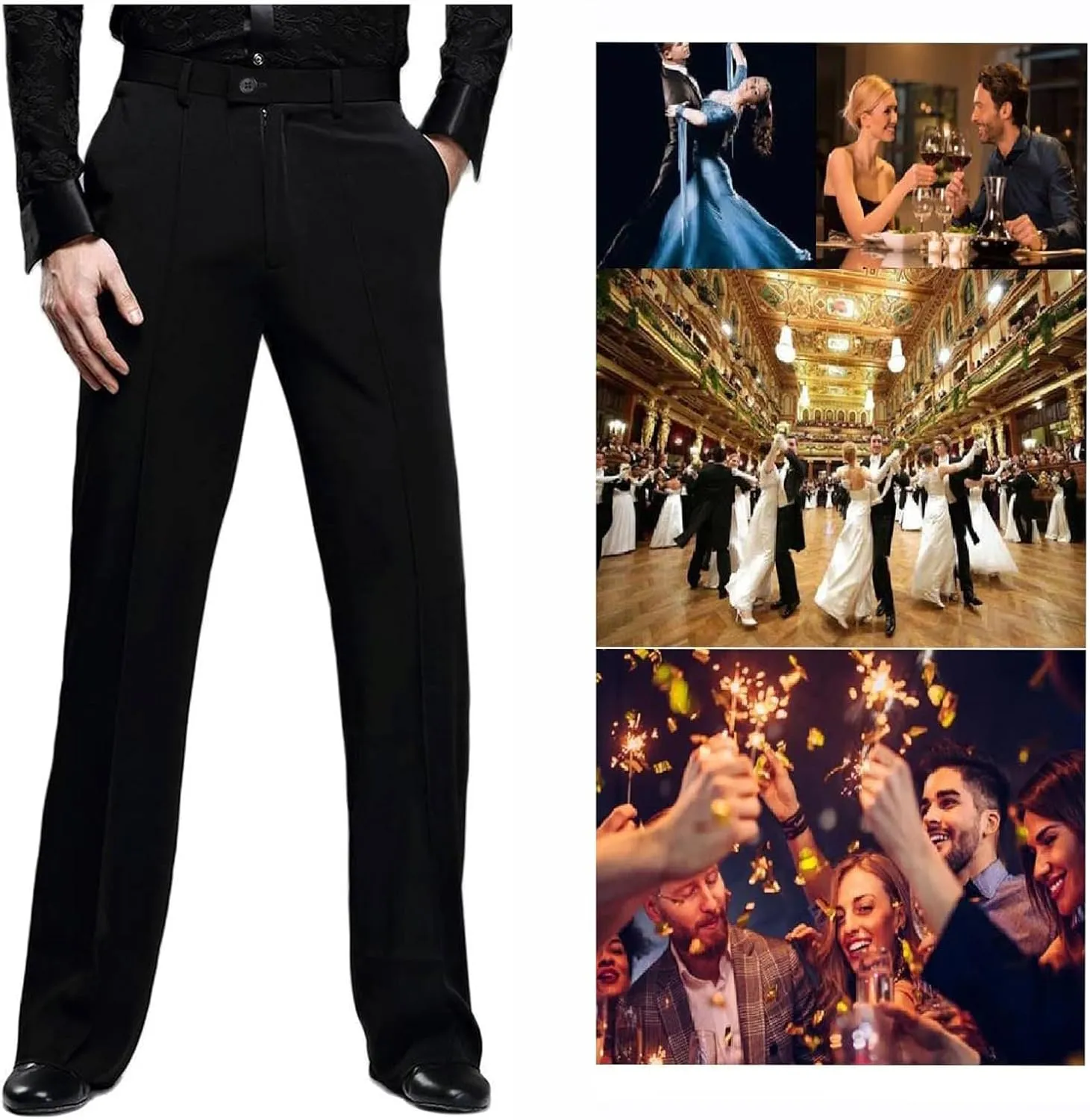 Men Professional Black Straight with Pocket Belt Wide Latin Modern Square Practice Dance Pants