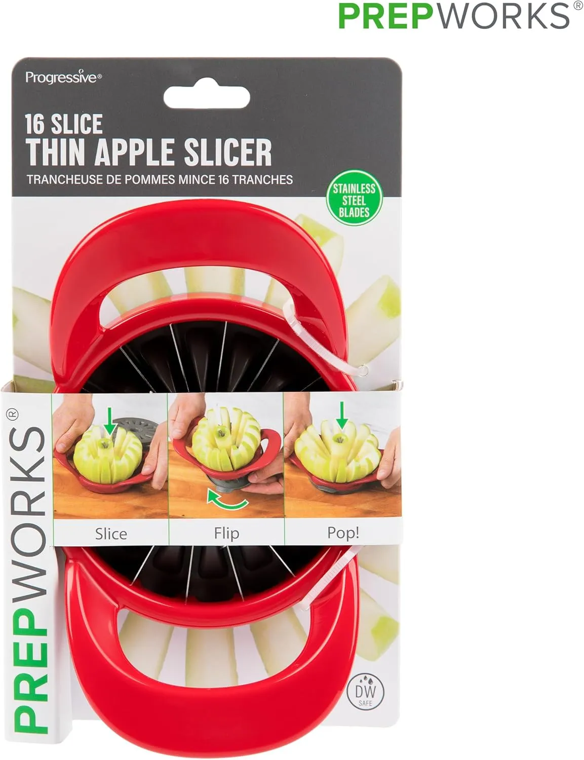 PrepWorks by Progressive Dishwasher Safe 16-Slice Thin Apple Slicer and Corer with Attached Safety Cover (Red)