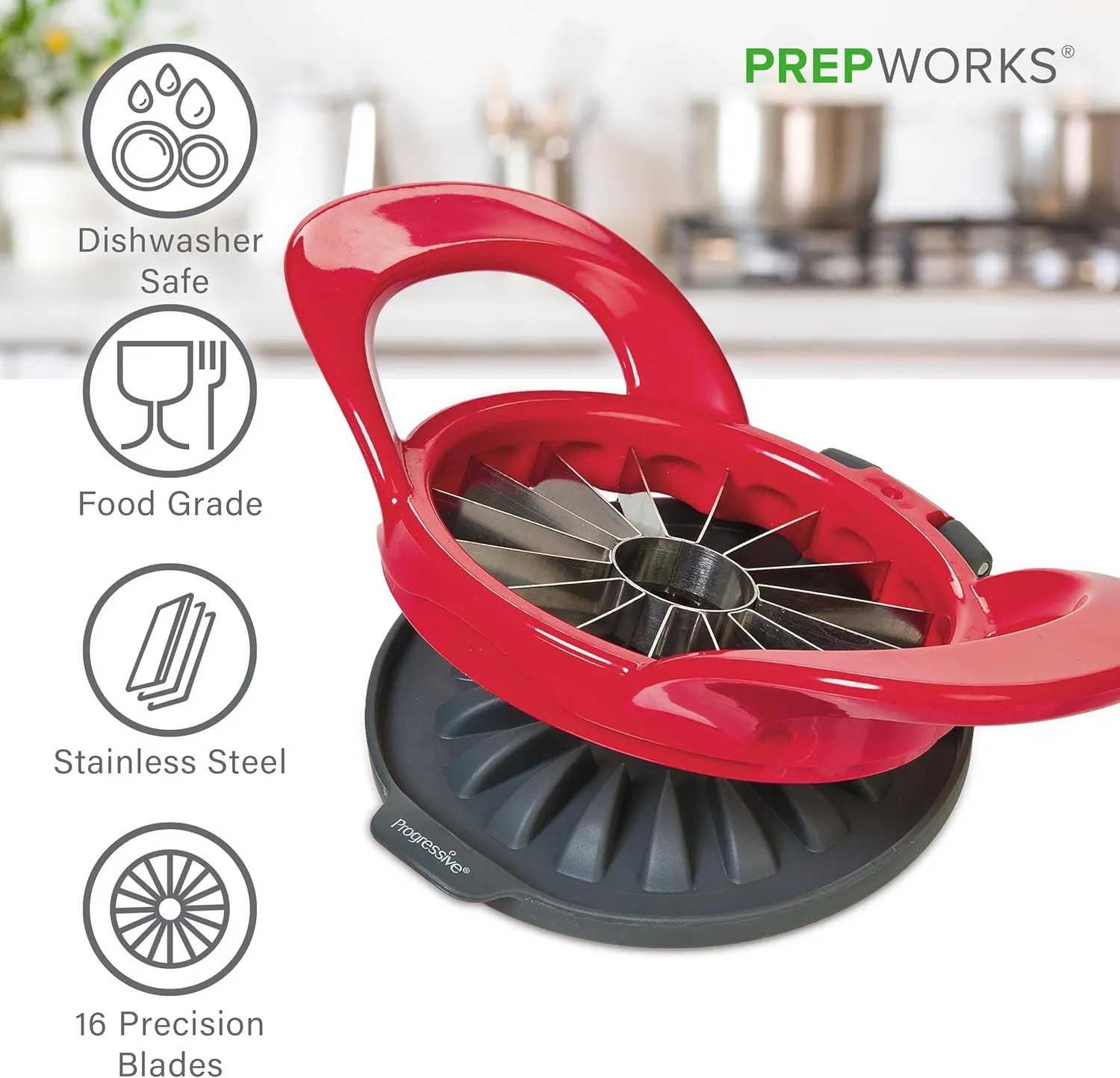 PrepWorks by Progressive Dishwasher Safe 16-Slice Thin Apple Slicer and Corer with Attached Safety Cover (Red)