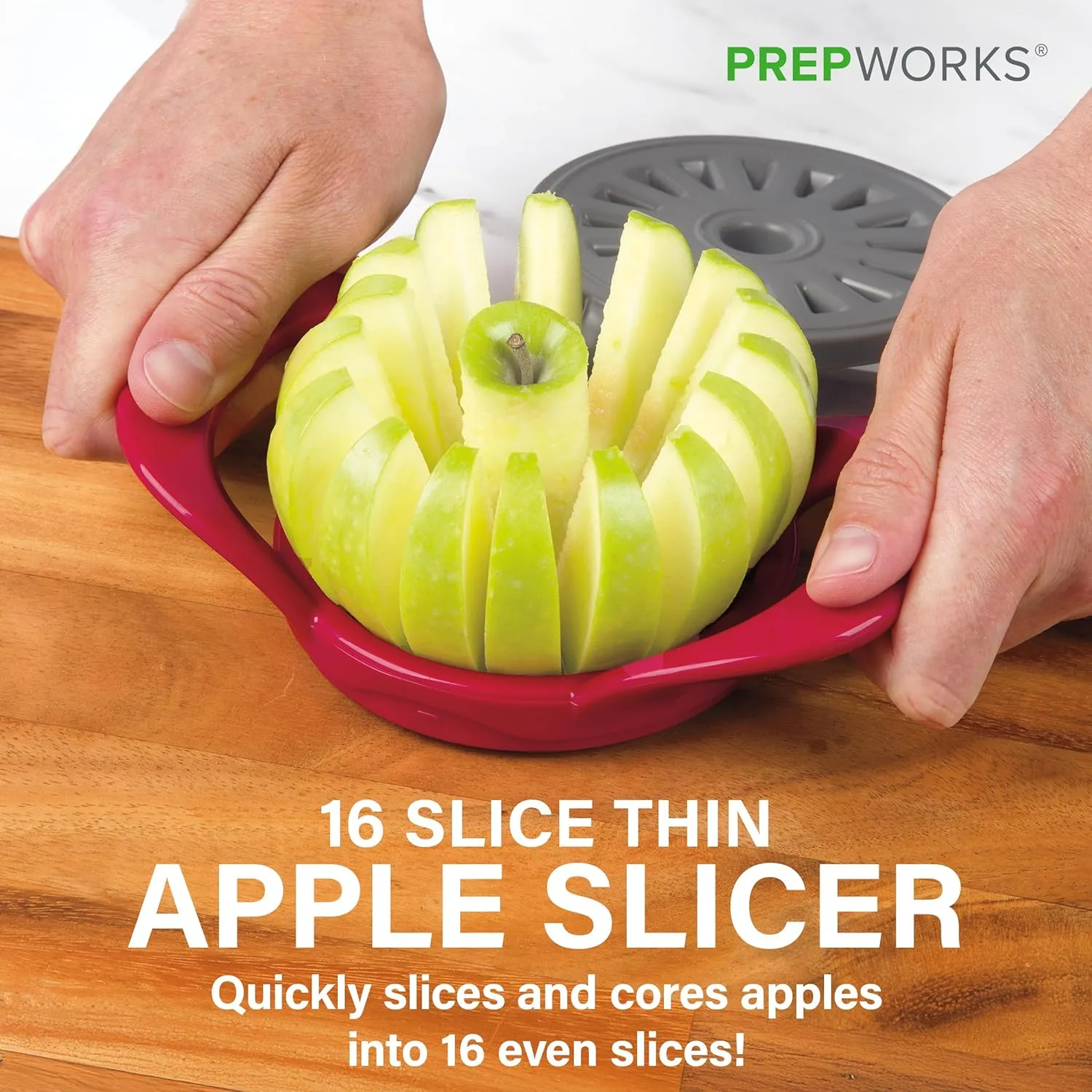 PrepWorks by Progressive Dishwasher Safe 16-Slice Thin Apple Slicer and Corer with Attached Safety Cover (Red)