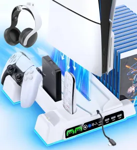 PS5/ Slim/Pro Stand for Disc & Digital Console, PS5 Cooling Station with Dual Controller Charging Station for PlayStation 5 Console, 3-Level Fan PlayStation 5 Controller Charger Accessories Stand