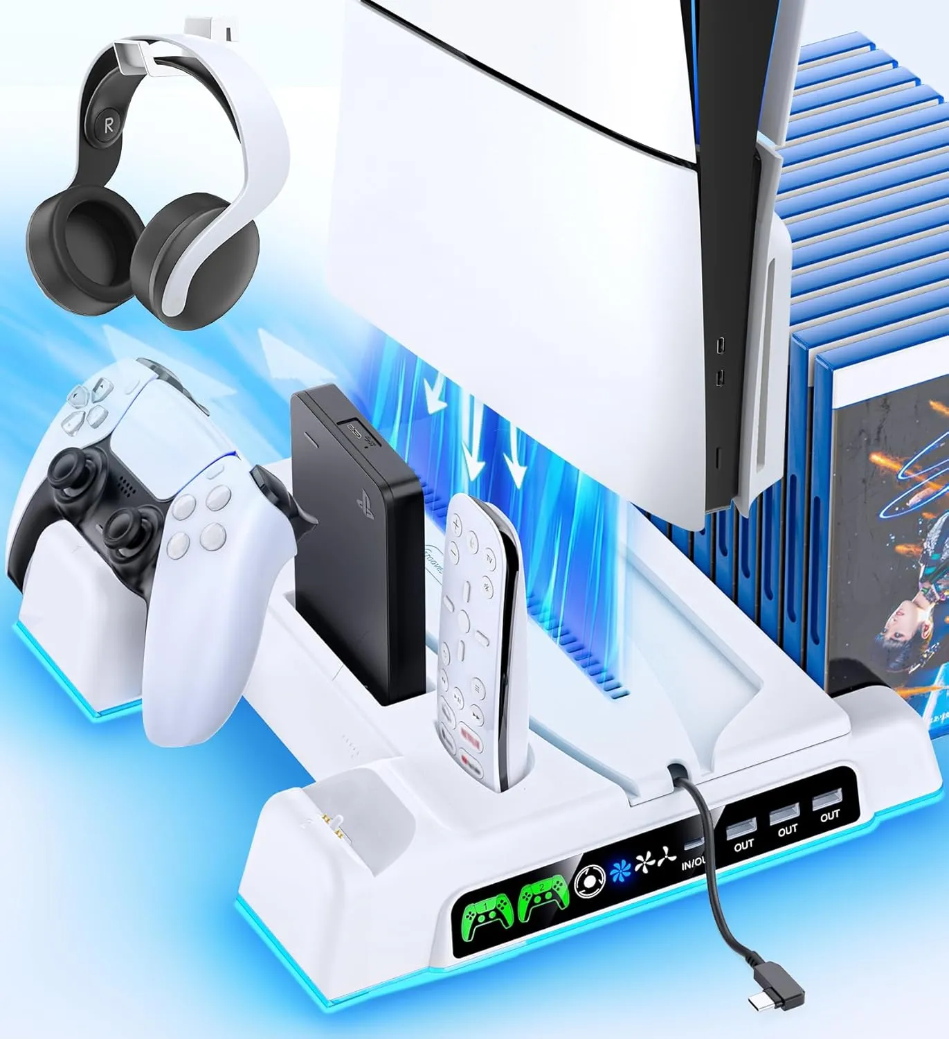 PS5/ Slim/Pro Stand for Disc & Digital Console, PS5 Cooling Station with Dual Controller Charging Station for PlayStation 5 Console, 3-Level Fan PlayStation 5 Controller Charger Accessories Stand