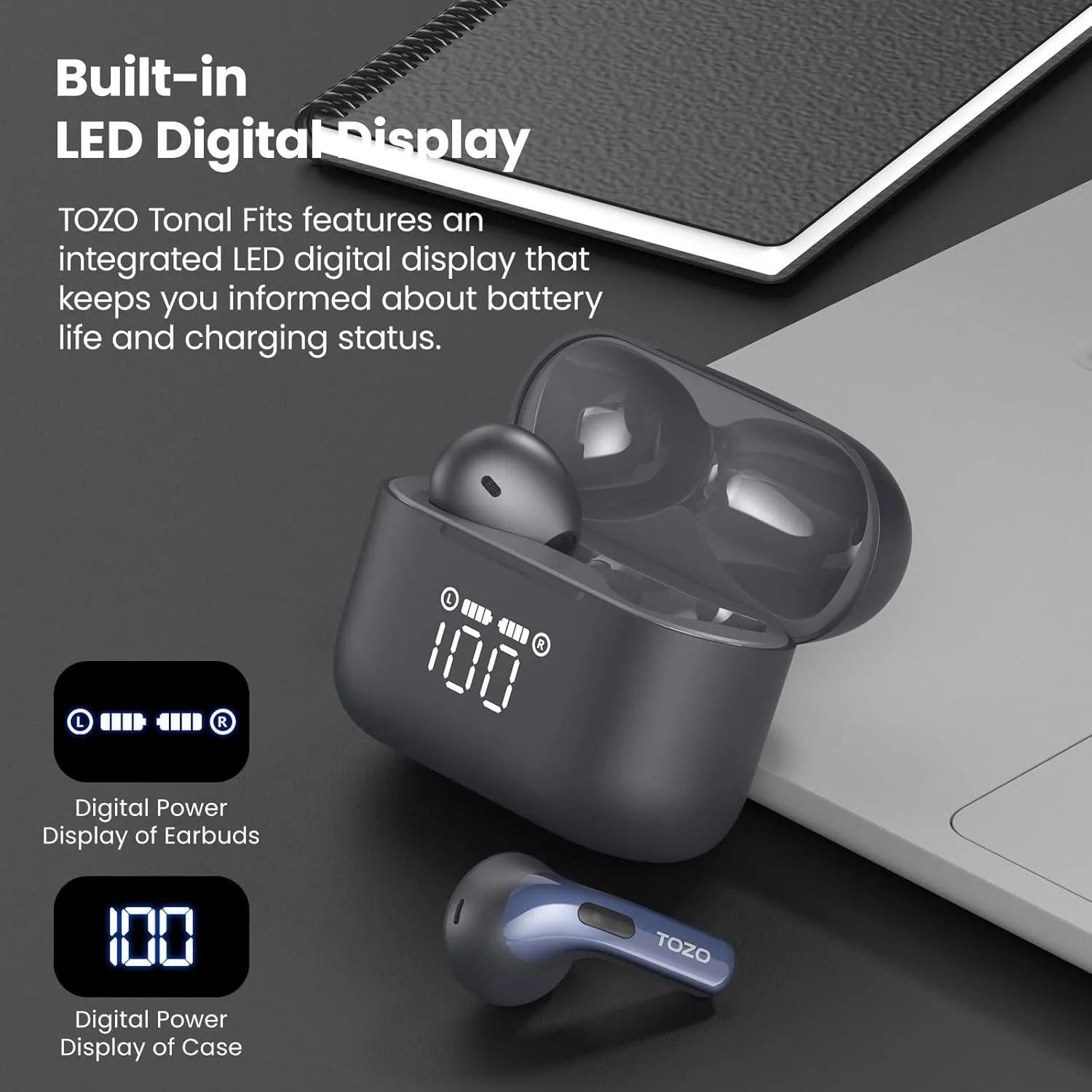 TOZO T21 Wireless Earbuds Bluetooth 5.3 in Ear Headphones Dual Mic Call Noise Cancelling IPX8 Waterproof 44H Playback Stereo Sound with LED Display Wireless Charging Case 32 EQs via APP Blue